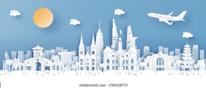 Panorama view of Ho Chi Minh City, Vietname with temple and city skyline with world famous landmarks in paper cut style vector illustration