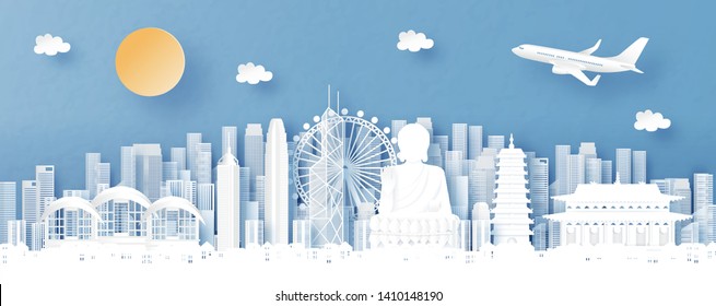 Panorama view of Hong Kong and city skyline with world famous landmarks in paper cut style vector illustration