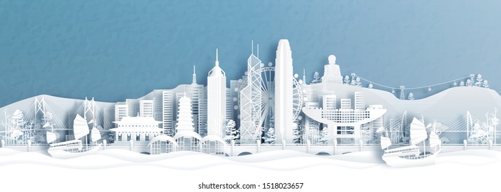 Panorama view of Hong Kong skyline with world famous landmarks of China in paper cut style vector illustration.