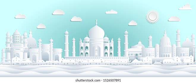 Panorama view of India with Taj Mahal and city skyline with world famous landmarks in paper cut style. Vector illustration.