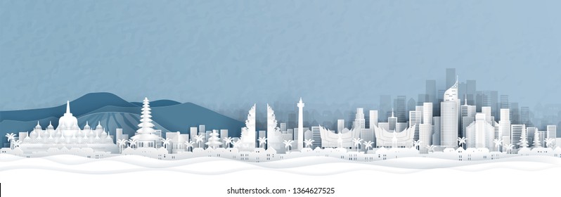 Panorama view of Indonesia and city skyline with world famous landmarks in paper cut style vector illustration