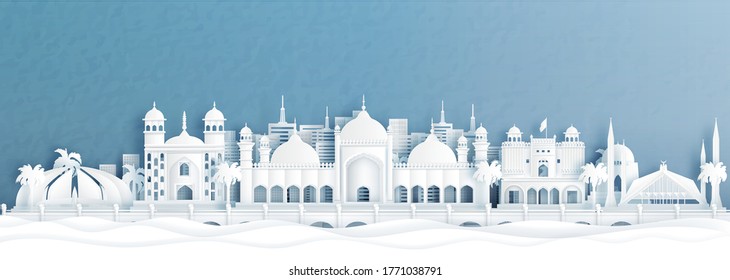 Panorama view of Islamabad, Pakistan skyline with world famous landmarks in paper cut style vector illustration.