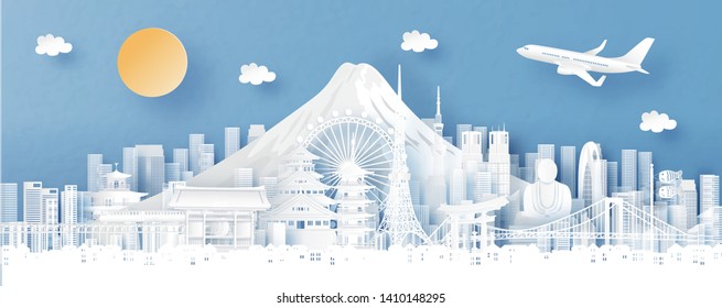 Panorama view of Japan and city skyline with world famous landmarks in paper cut style vector illustration