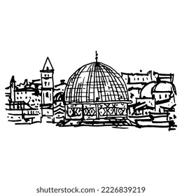 Panorama view of Jerusalem city with the Dome of the Rock. Hand drawn linear doodle rough sketch. Black silhouette on white background.