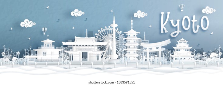 Panorama view of Kyoto city skyline with world famous landmarks of Japan in paper cut style vector illustration.