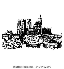 Panorama view of Laon Cathedral, France. Medieval Roman Catholic French church. Monument of early Gothic architecture. Hand drawn linear doodle rough sketch. Black and white silhouette.