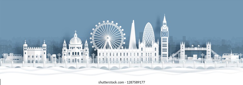 Panorama view of London, England skyline with world famous landmarks in paper cut style vector illustration