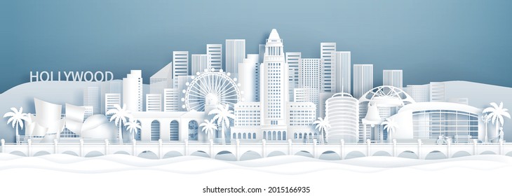 Vista panorámica de Los Ángeles, California. Esquina de Estados Unidos con monumentos famosos en el mundo de la ilustración vectorial de corte de papel.