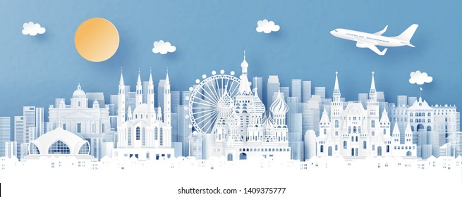 Panorama view of Moscow, Russia and city skyline with world famous landmarks in paper cut style vector illustration