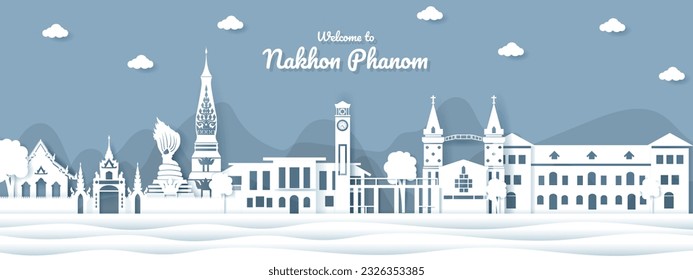 Panorama view of Nakhon Phanom and city skyline with world famous landmarks in paper cut style vector illustration