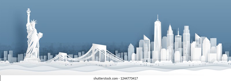 Panorama view of New York City, United States of America skyline with world famous landmarks in paper cut style vector illustration