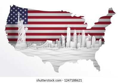 Panorama view of New York City, United States of America skyline with world famous landmarks in map concept. Paper cut style vector illustration