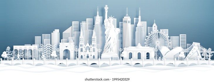 Panorama view New York City, United States of America skyline with world famous landmarks in paper cut style vector illustration.