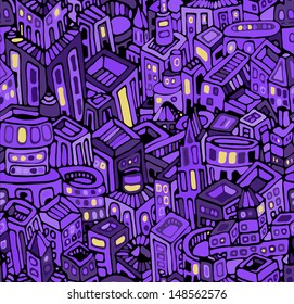 Panorama view old town at night in violet seamless pattern, vector