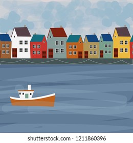 Panorama view old town. Vector flat illustration of city landscape. 