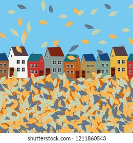 Panorama view old town. Vector flat illustration of city landscape. Autumn