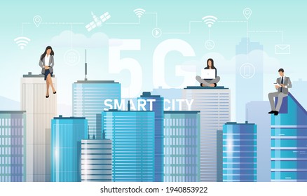 Panorama view on digital millennium downtown. Networking and cooperation via newest technology. Using 5g internet in co working by contemporary business people. Vector graphic illustration.