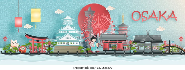 Panorama view of Osaka city skyline with world famous landmarks of Japan in paper cut style vector illustration.