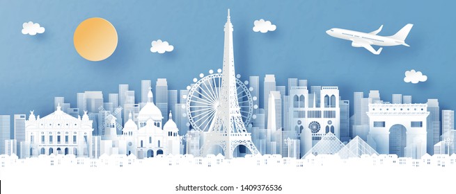 Panorama view of Paris, France and city skyline with world famous landmarks in paper cut style vector illustration