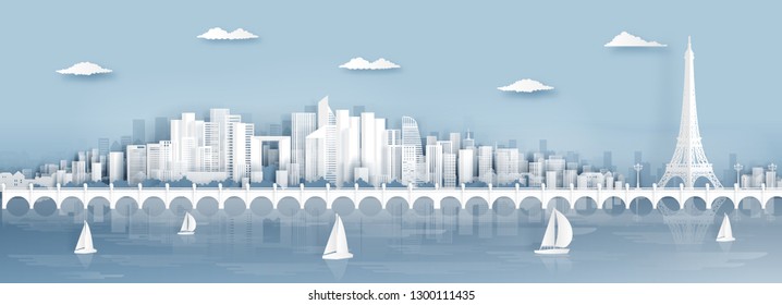 Panorama view of Paris, France skyline with world famous landmarks in paper cut style vector illustration