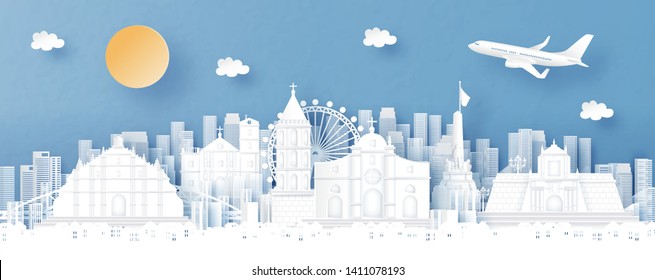 Panorama view of Philippines and city skyline with world famous landmarks in paper cut style vector illustration