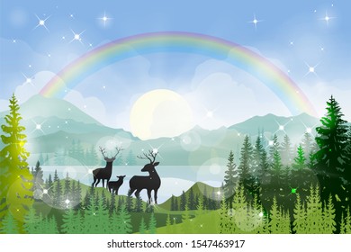 Panorama view of rainbow with morning light shining in forest foliage,Beautiful spring landscape with mystical forest pine tree fog with reindeer family, Scenery nature landscape of misty mountains