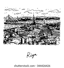 The panorama view of Riga, Latvia. Vector freehand pencil sketch.