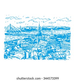 The panorama view of Riga, Latvia. Vector freehand pencil sketch.