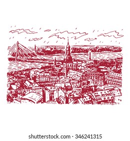 Panorama view of Riga, Latvia. Vector freehand pencil sketch.