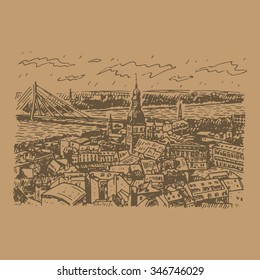 The panorama view of Riga, Latvia. Vector freehand pencil sketch.