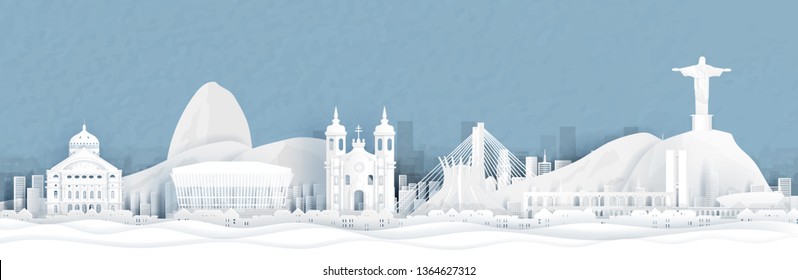 Panorama view of Rio de Janeiro, Brazil city skyline in paper cut style vector illustration