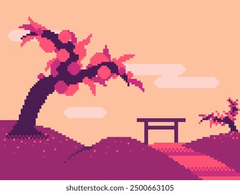 Panorama view of Sakura Trees with Japanese Style Torii from long shot, Pixel Art Illustration