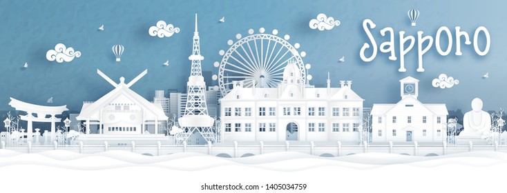 Panorama view of Sapporo city skyline with world famous landmarks of Japan in paper cut style vector illustration.