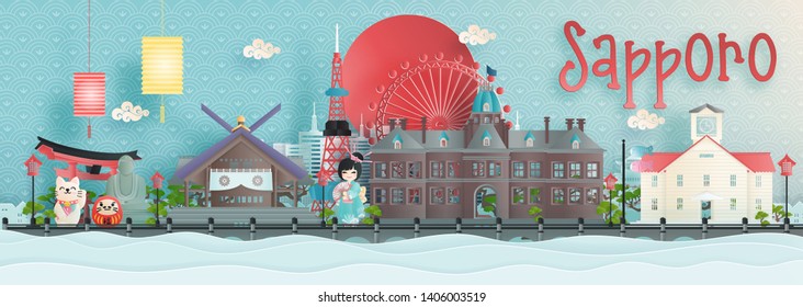 Panorama de Sapporo, horizonte de la ciudad de Hokkaido con los famosos monumentos de Japón en la ilustración vectorial de estilo corte de papel.