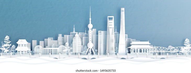 Panorama view of Shanghai skyline with world famous landmarks of China in paper cut style vector illustration.