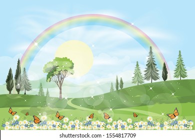 Panorama view of spring field with rainbow and sun shining in foliage forest,Vector cartoon Summer landscape with butterfly flying over daisy fieldand  wavy mountains background, Scenery of nature 