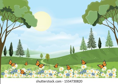 Panorama view of spring field with sun light shining in foliage forest,Vector cartoon Summer landscape with butterfly flying over daisy fieldand  wavy mountains background, Scenery of nature 