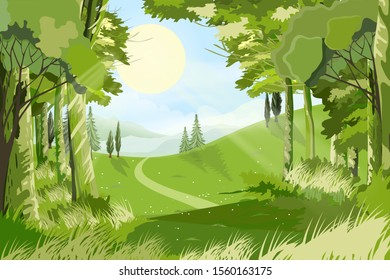 Panorama view of spring field with sun light shining in foliage forest,Vector cartoon Summer landscape green field and wavy mountains background, Scenery of nature 
