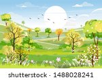 Panorama view of spring forest with green meadow on hills with blue sky, Vector Summer or Spring landscape, Panoramic countryside landscape field and flowers in green foliage 
