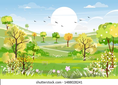 Panorama view of spring forest with green meadow on hills with blue sky, Vector Summer or Spring landscape, Panoramic countryside landscape field and flowers in green foliage 