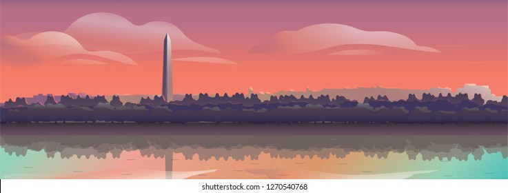 Panorama view of spring of National mall USA Washington DC monument with twilight or morning dawn sky,Vector Summer or Spring landscape, Panoramic city dusk landscape of USA famous skyline panoramic.