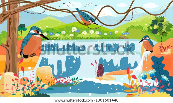 Panorama view of spring time with waterfall, Kingfisher
bird standing on branches tree, colourful wild flowers and green
meadow on hills, Vector Summer or Spring landscape, Panoramic
Waterfall 