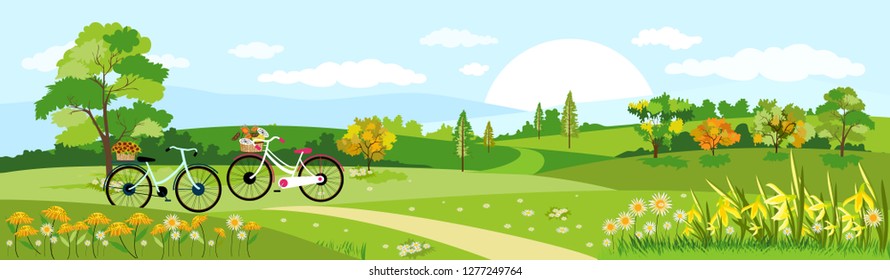 Panorama view of spring village with bicyles, flowers and green meadow on hills with blue sky, Vector Summer or Spring landscape of countryside, Panoramic landscape summer background