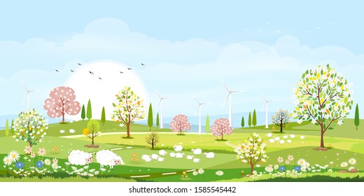 Panorama view of spring village with goats, sheeps and windmills on hills with blue sky and clouds, Vector cartoon Spring or Summer landscape,Eco village or Organic farming concept