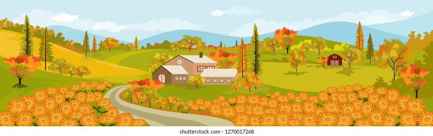 Panorama view of spring village with green meadow and sunflowers on hills with blue sky, Vector Summer or Autumnn landscape, Panoramic countryside landscape mountains and farmhouse with yellowe flower