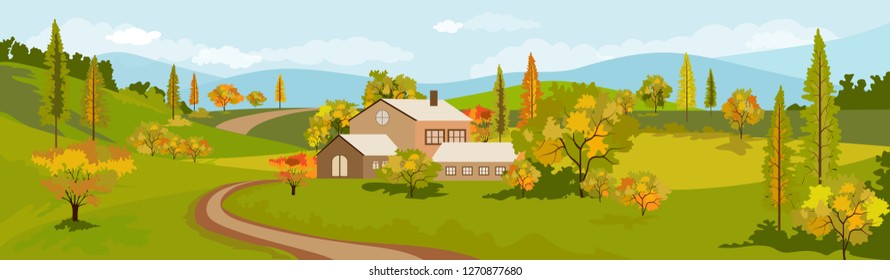 Panorama view of spring village with green meadow on hills with blue sky, Vector Summer or Spring landscape, Panoramic countryside landscape green field mountains and farmhouse.