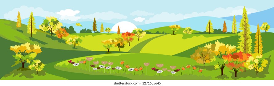 Panorama view of spring village with green meadow on hills with blue sky, Vector Cartoon Summer or Spring farm view landscape, Panoramic countryside landscape green field with flowers on mountains