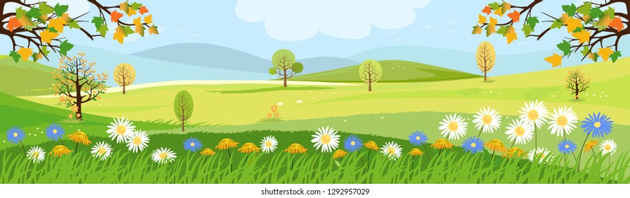 Panorama view of spring village with green meadow on hills with blue sky, Vector cartoon Spring or Summer landscape, Panoramic countryside landscape mountains with wild flowers fields