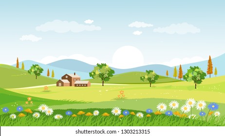 Panorama view of spring village with green meadow on hills with blue sky, Vector Summer or Spring landscape, Panoramic countryside landscape green field with grass flowers on mountains and farmhouse.