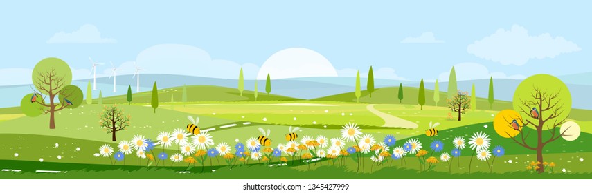 Panorama view of spring village with green meadow on hills with blue sky, Vector cartoon Spring or Summer landscape, Panoramic countryside landscape mountains with wild flowers fields